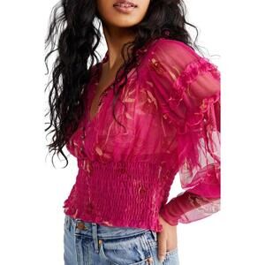 Free People “Time for Shine” Pink Floral Mesh Top XS NWT